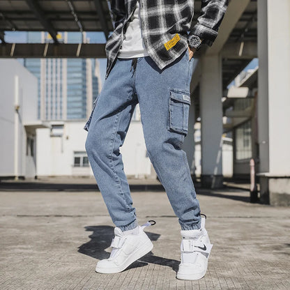 Men's Jogger Jeans Washed Cotton Slight Stretch Multi-Pockets Denim Cargo Pants Asian Size L-6XL
