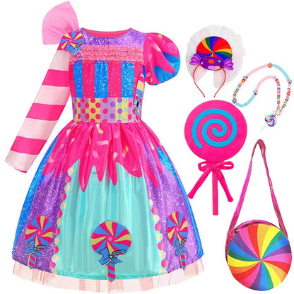 Purim Girls Rainbow Vestidos Candy Fairy Lollipop Cosplay Costume Toddler Girls Birthday Party Carnival Long Short Sleeves Dress