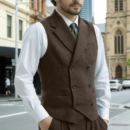 Men Vest Army Green Herringbone Double Button With Lapel Waistcoat For Wedding Business Office Work Daily Casual Men Suit Vest