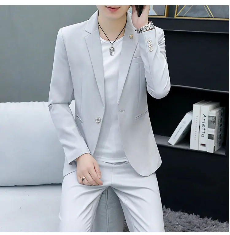Slim Fit Two-Piece Suit Casual Business Style Solid Color Autumn  Dress Suit with Trousers Included Stylish Men's Costume