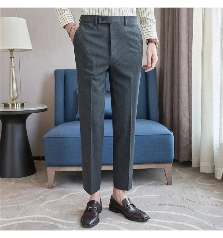 British Style Pinstripe Slim Fit Suit Pant Men Business Casual Simple Dress Pants High Quality Social Wedding Party Trousers