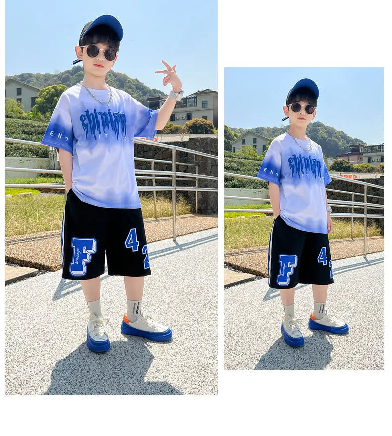 Summer Boys Cotton Alphabet Tie Dye t-Shirt Tops+Sweat Shorts Pant School Kids Tracksuit Child 2PCS Outfit Workout Set 5-16Years