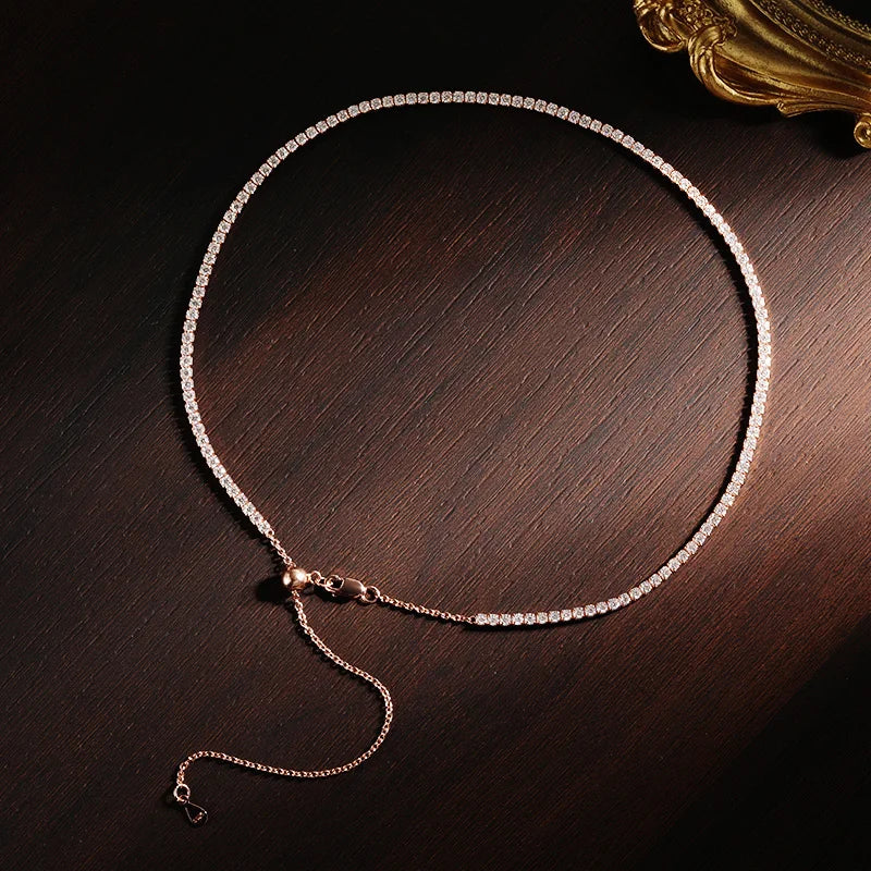 2mm Moissanite Tennis Necklaces for Women Solid s925 Silver Adjustable Choker Chain Wedding Diamond Rhinestone Necklace