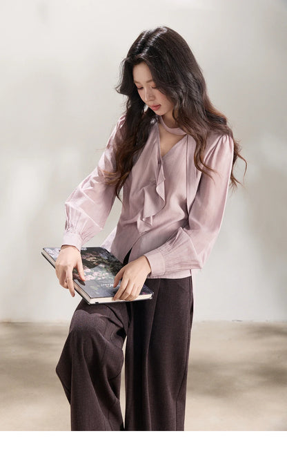 Women's Purple Sweet Shirts 2026 Spring Ribbon V-Neck Ruffled Asymmetrical Shirt Back Lace-up Waist Casual Top MXF13X2527
