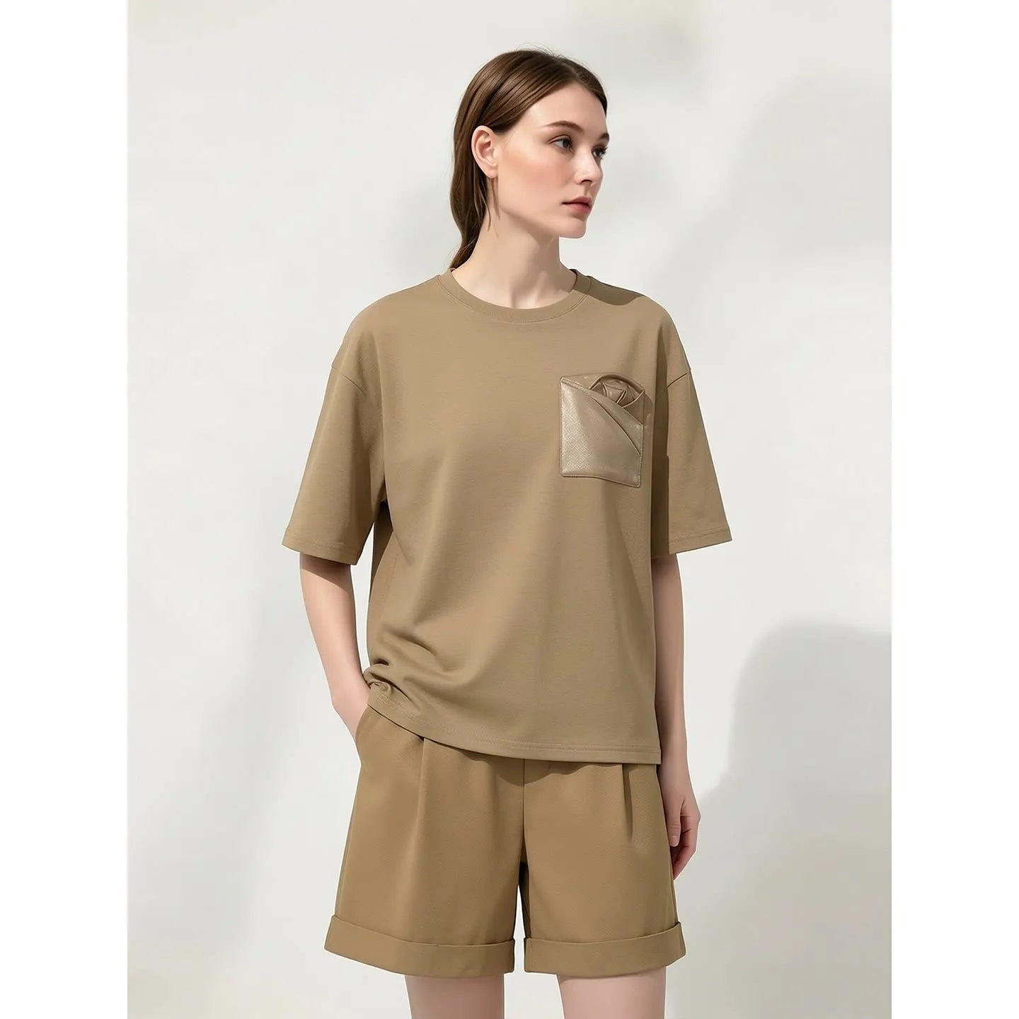 Women's T-Shirt 2026 Summer New Oversized Cotton Short Sleeve Tops Side Slit Mid Length Patch Pocket Tee Shirt 12642037