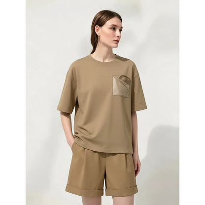 Women's T-Shirt 2026 Summer New Oversized Cotton Short Sleeve Tops Side Slit Mid Length Patch Pocket Tee Shirt 12642037