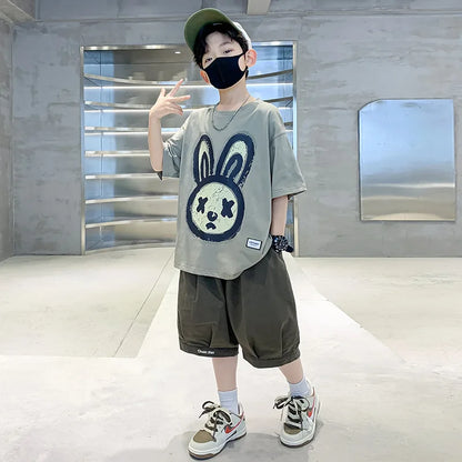 Summer Boys Cotton Leisure Cartoon Print T-Shirt Top+Shorts Pant Set School Kids 2PCS Tracksuit Children Vacation Outfit 5-16Yr