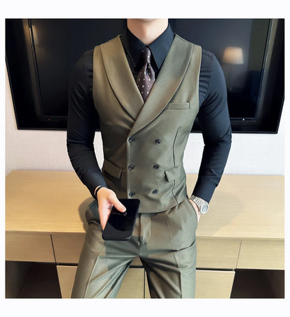 Men Luxury Double Breasted Design Solid Vest Formal Groom Wedding Dress Suit Vest Set Fashion Mens Club Singer Clothing 6XL-M