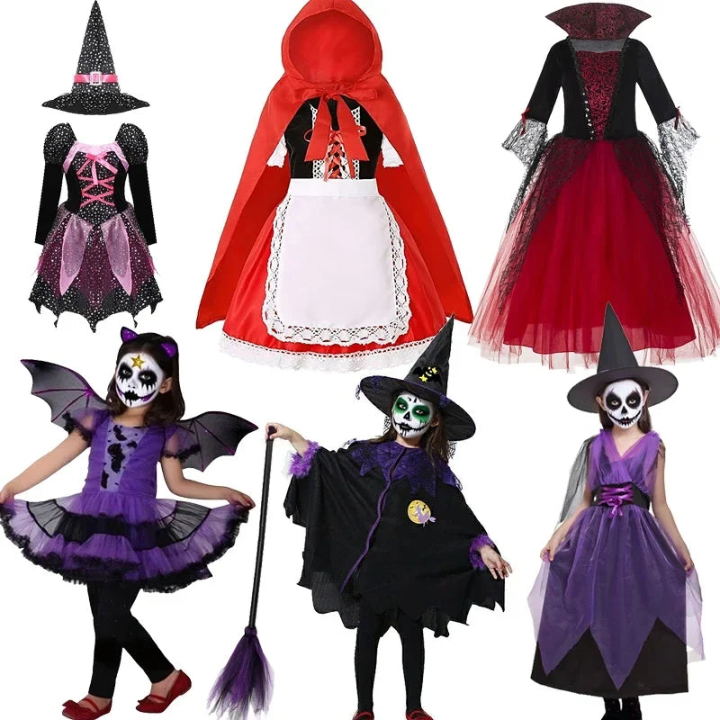 Halloween Costume for Kids Girls Purple Bat Dress Halloween Fantasy Vampire Costume Witch Cosplay Clothes Carnival Party Gifts