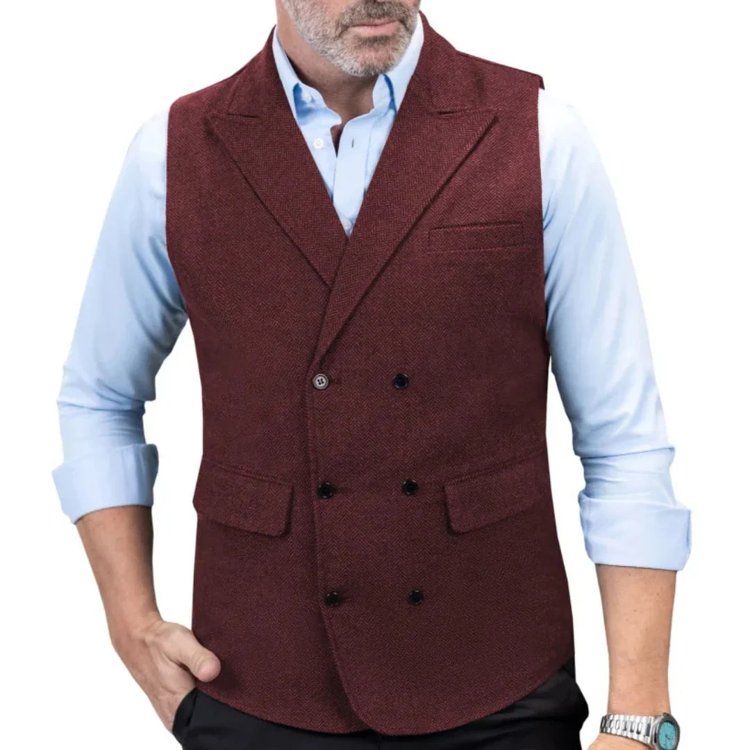 Men Vest Black Herringbone Double Button With Lapel Waistcoat For Wedding Birthday Banquet Office Business Work Men Suit Vest