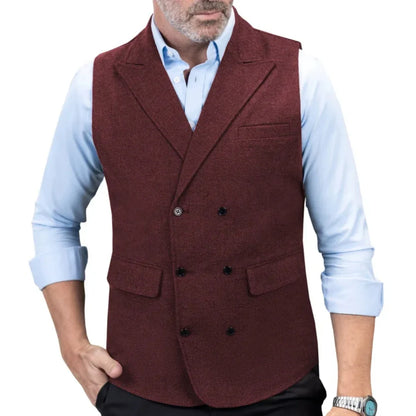 Men Vest Black Herringbone Double Button With Lapel Waistcoat For Wedding Birthday Banquet Office Business Work Men Suit Vest