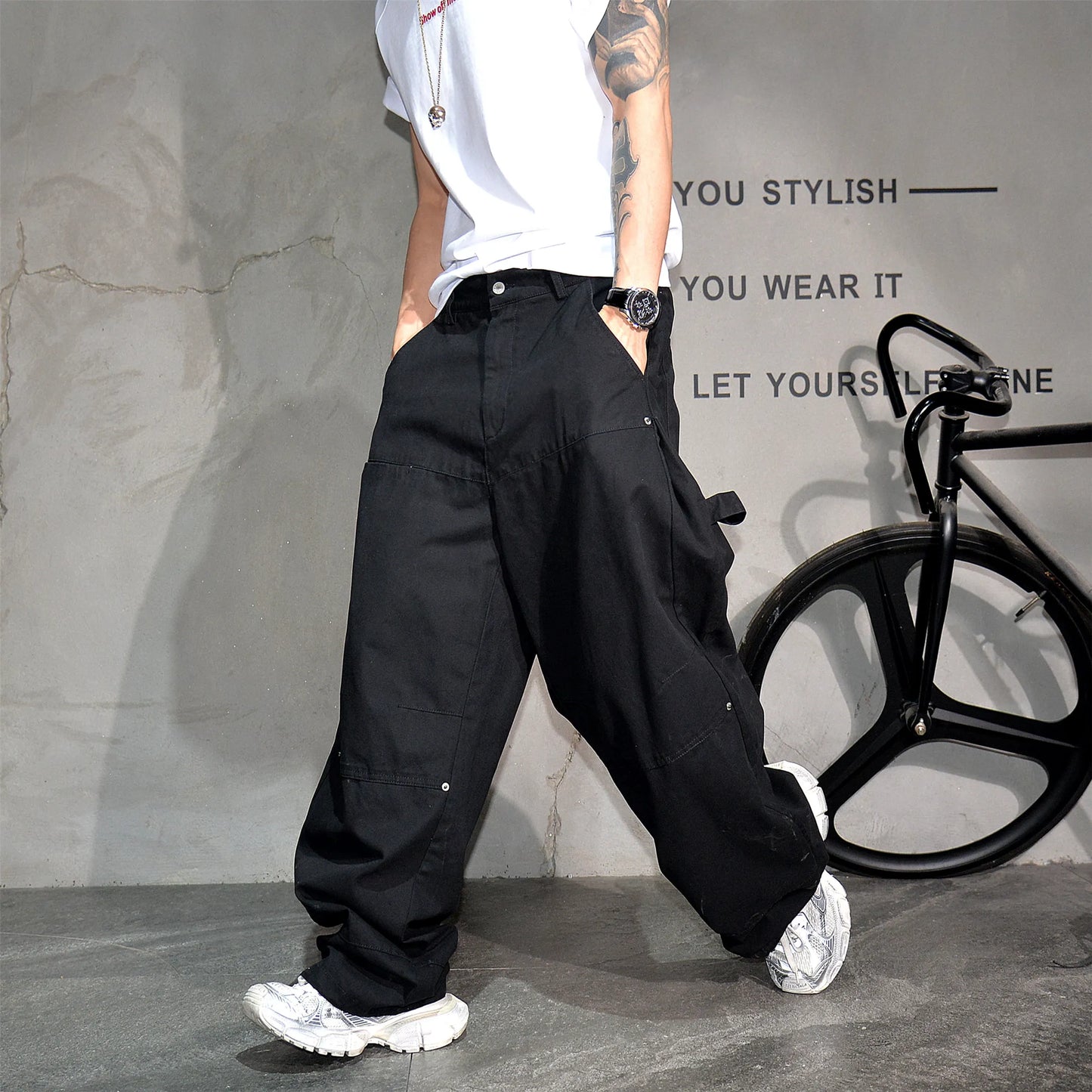 Mens Cargo Pants American Trendy Solid Black Cotton Heavyweight Wide Leg Loose Straight Streetwear Casual High Quality Pants