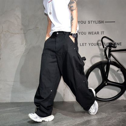 Mens Cargo Pants American Trendy Solid Black Cotton Heavyweight Wide Leg Loose Straight Streetwear Casual High Quality Pants