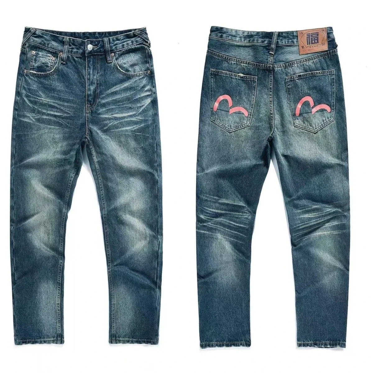 Japanese Handmade Embroidered Jeans Men's Pure Cotton Straight Tube Hip-Hop Popular Slim Red Ears Show Thin Trousers Devil Big M