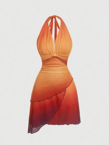 Gradient Bow Tie Strap Asymmetrical Backless Spaghetti Strap Dress