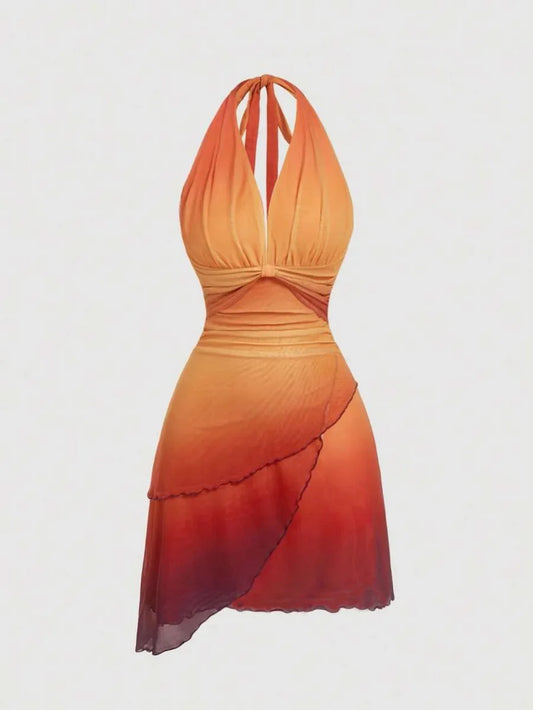 Gradient Bow Tie Strap Asymmetrical Backless Spaghetti Strap Dress