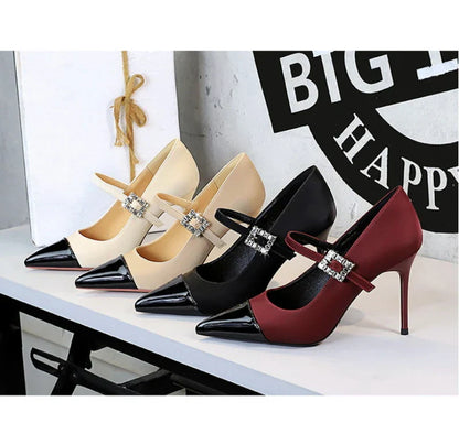 Banquet High Heels Thin Heels Light Mouth Color-Blocked Pointed Toe Rhinestones One-Strip Ultra High Heels Single Shoes Elegant