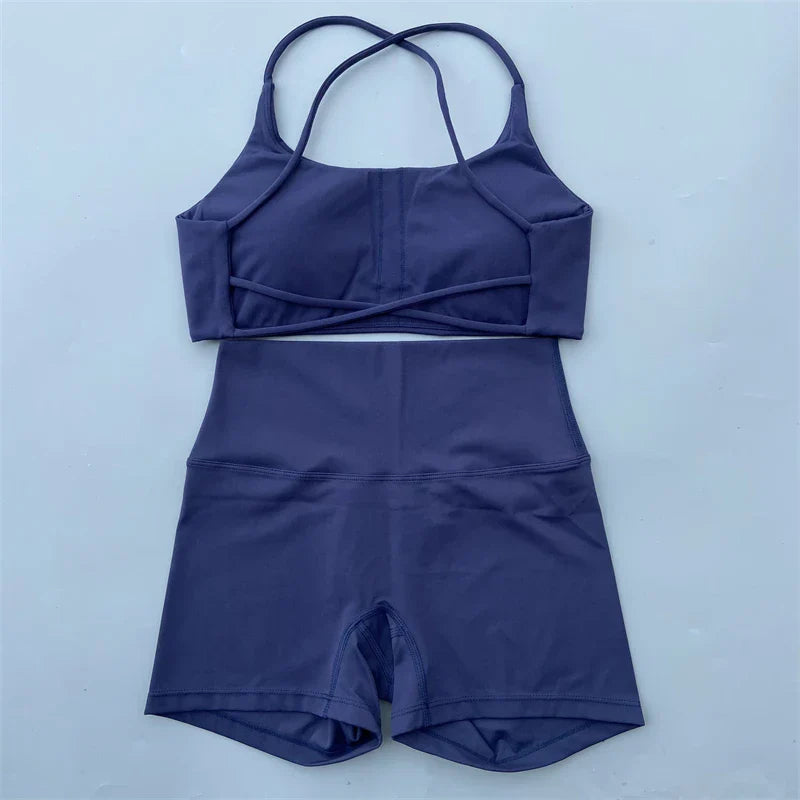 Yoga Shorts Set Gym Two Piece Sports Set Women Workout Outfit Fitness Suit Cross Straps Bra High Waist Shorts Running Tracksuit