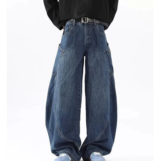 Korean Retro Men'S Jeans Fashion Large Pocket Design Curved Knife Jeans Straight Leg Pants Letter Embroidered Baggy Jeans Y2k