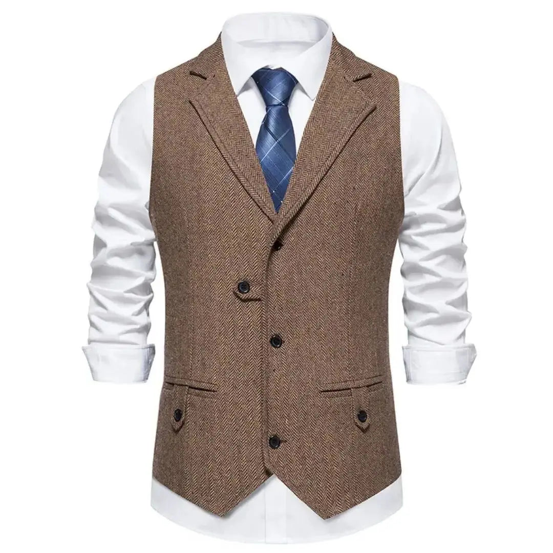 Men Vest Brown Herringbone Single Button Solid With Lapel Waistcoat For Wedding Groom Business Banquet Office Work Men Suit Vest
