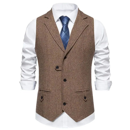 Men Vest Brown Herringbone Single Button Solid With Lapel Waistcoat For Wedding Groom Business Banquet Office Work Men Suit Vest