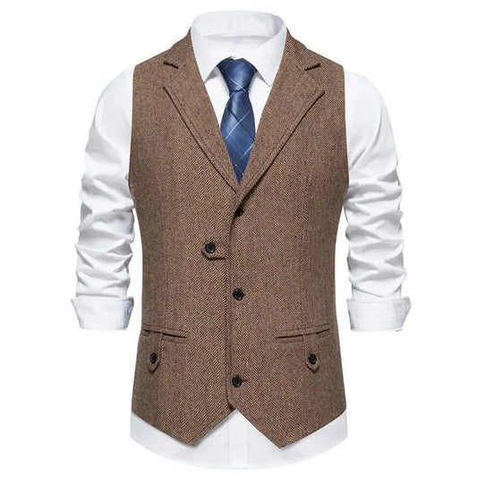 Men Vest Brown Herringbone Single Button Solid With Lapel Waistcoat For Wedding Groom Business Banquet Office Work Men Suit Vest