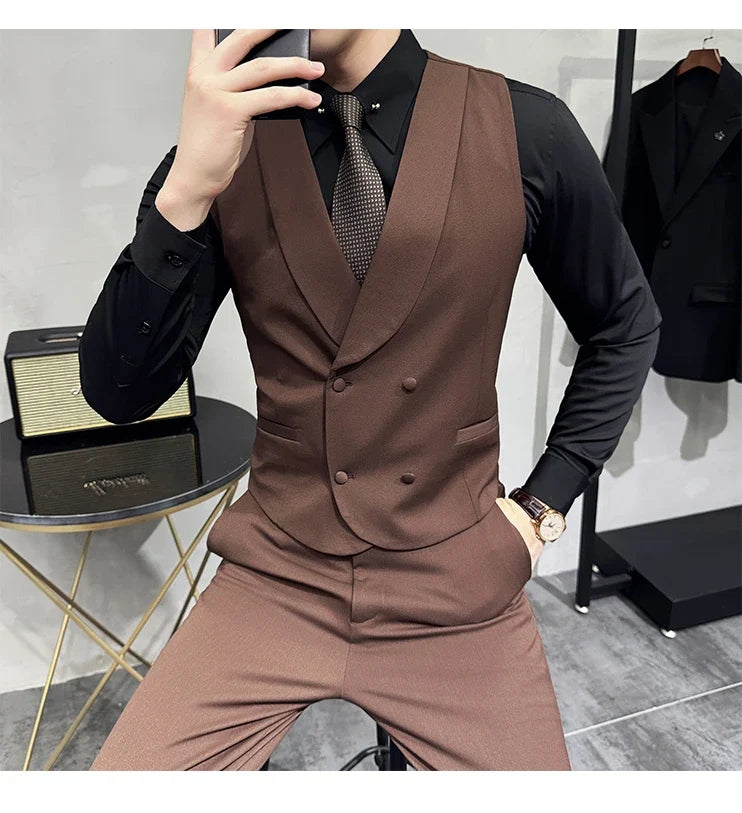 High-end Double-breasted Suit Vest With Pants 2024 New Men Fashion Slim Business Casual Best Groom Wedding Dress Vest  2 Pcs Set