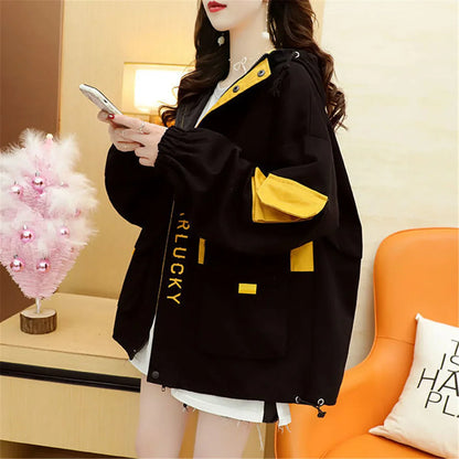 Fashion Work Jacket Harajuku Streetwear Kpop Hoodie Women Anime Tops Vintage Ulzzang Autumn Boyfriend Patchwork Jacket Femme