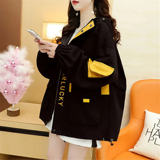 Fashion Work Jacket Harajuku Streetwear Kpop Hoodie Women Anime Tops Vintage Ulzzang Autumn Boyfriend Patchwork Jacket Femme