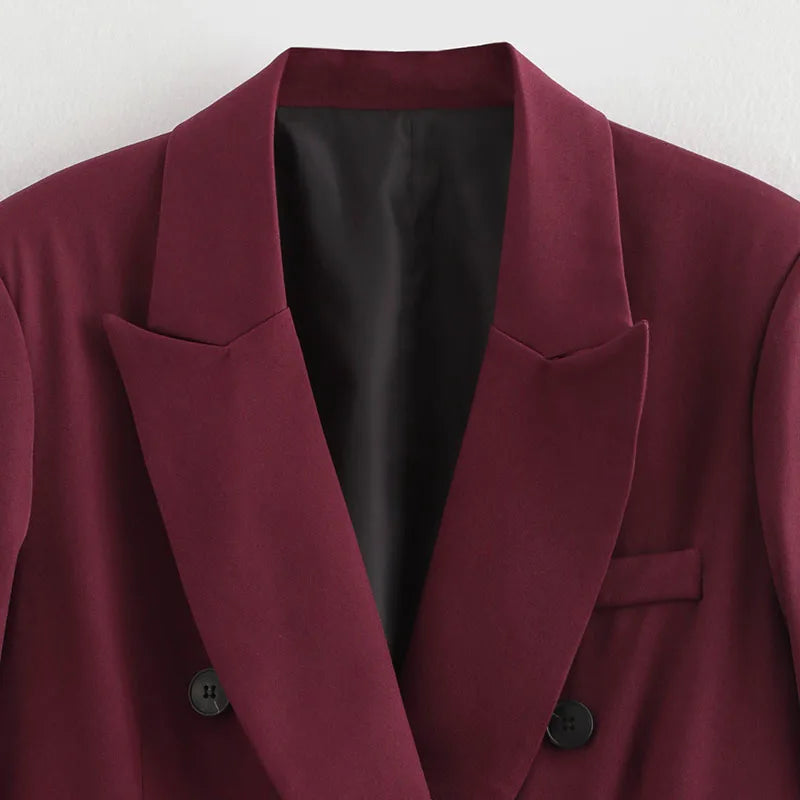 Vintage Wine Red Blazer Jacket Women Fashion Double-Breasted Long Sleeve Suit Jackets Female 2026 New Spring Lapel Office Coat