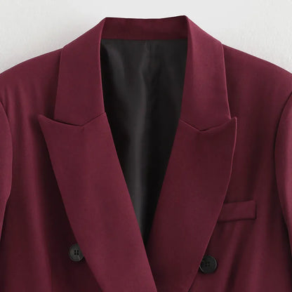 Vintage Wine Red Blazer Jacket Women Fashion Double-Breasted Long Sleeve Suit Jackets Female 2026 New Spring Lapel Office Coat