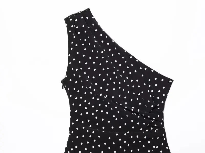 Women One Shoulder Sleeveless Polka Dot Mini Dress Ruched Waist Ruffle Hem Elegant Casual Party Short Dress Spring Summer