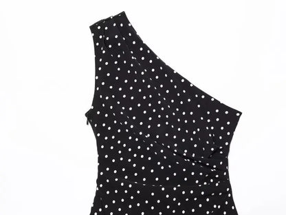 Women One Shoulder Sleeveless Polka Dot Mini Dress Ruched Waist Ruffle Hem Elegant Casual Party Short Dress Spring Summer