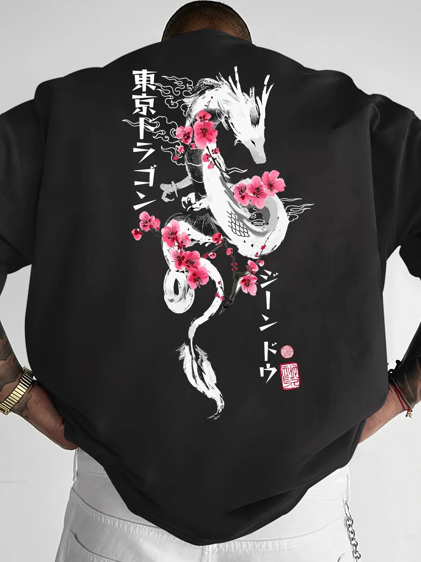 Japanese Style Dragon Cherry Blossom Print 100% Cotton Men Women T-shirt Summer Autumn Daily Sports Casual Loose Short-sleeve