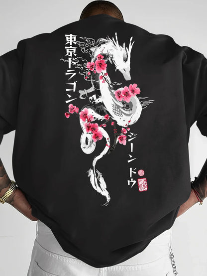 Japanese Style Dragon Cherry Blossom Print 100% Cotton Men Women T-shirt Summer Autumn Daily Sports Casual Loose Short-sleeve