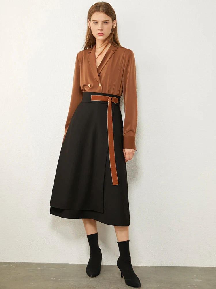 Minimalism Autumn Skirts Fashion Solid Belt Women Robe Causal High Waist Aline Irregular Hem Female Midi Skirt 12240752