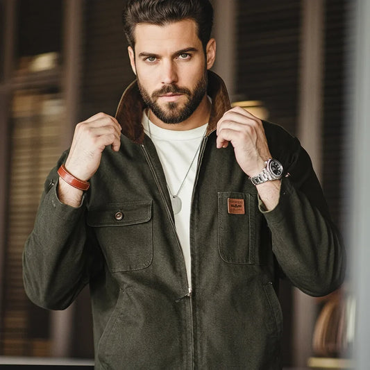 Retro Heavyweight Canvas Detroit Jacket Corduroy Collar Hunting Short Zip-Up Jacket with Pockets Men's Autumn Outerwear