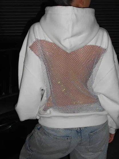 Women Transparent Mesh Hoodie Fashion Hollow Pullover Lightweight Long Sleeve Sweatshirt for Daily and Streetwear Style