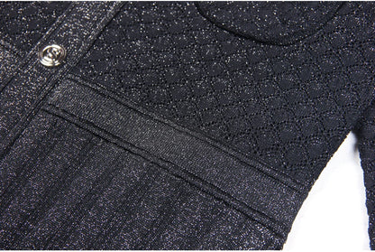 High Quality Fashionable Elastic Bright Silk Knitted Round Neck 7-inch Sleeve Single Row Button Lace Slim Fit Women's Dress