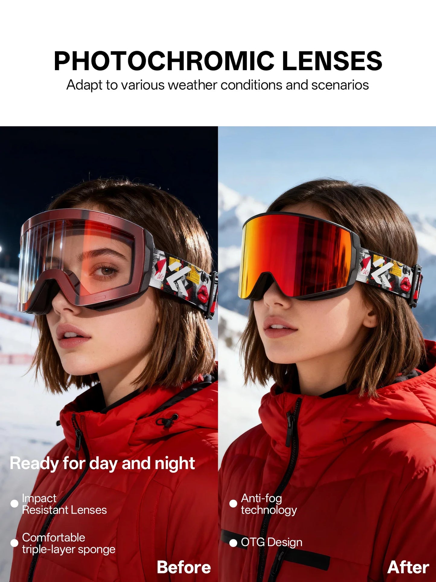 Photochromic Ski Goggles Magnetic Anti-Fog Lenses UV400 Protection Men Women Ski Goggles Snow Sunglasses Sports Eyewear