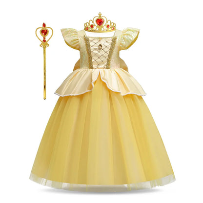 Kids Cosplay Disney Beauty and The Beast Belle Princess Dress Girls Party Costume Children Fancy Birthday Party Flower Disguise