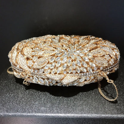 Gold Metal Leaves White Crystals Evening Clutch Bags Luxury Women Wedding Party Purse Ball Handbags Rhinestone Mini Shell Bag