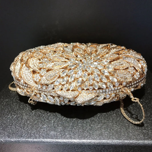 Gold Metal Leaves White Crystals Evening Clutch Bags Luxury Women Wedding Party Purse Ball Handbags Rhinestone Mini Shell Bag