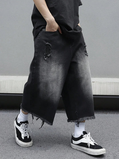 Men's Loose Ripped Denim Jeans 7 Point Calf Length Wide Leg Trousers Distressed Holes Frayed Hem Streetwear Casual Pants