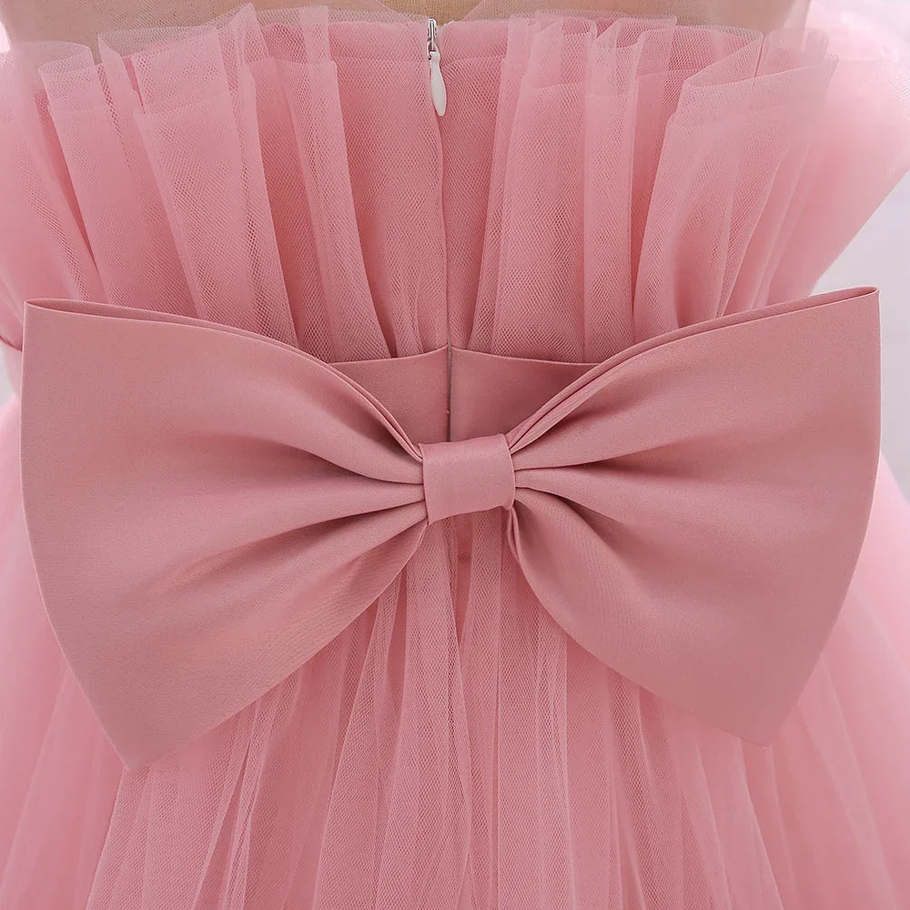 Elegant Ruffles Wedding Party Baby Girls Dress Tulle Pink Bow Bridemaid Princess Birthday Kids Dresses For Girl Evening Costumes