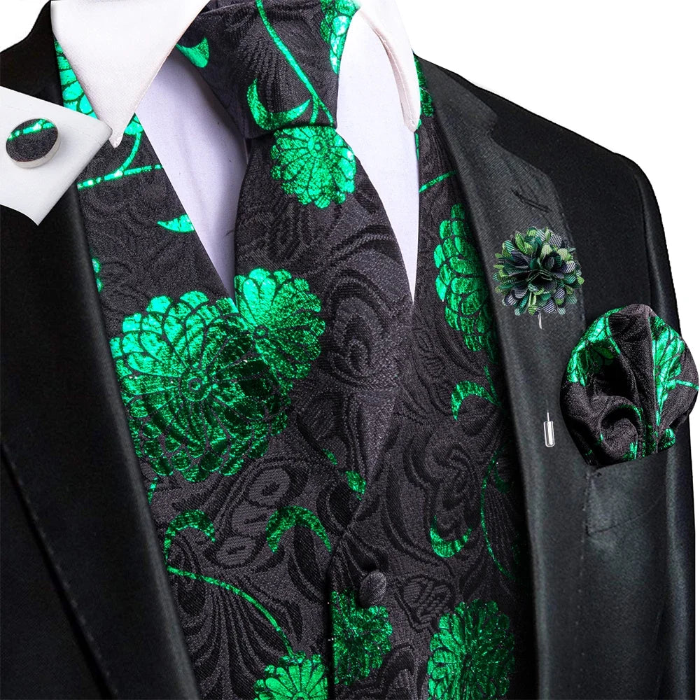 Navy Blue Mens Silk Vests Business Paisley V-Necl Waistcoat Tie Hanky Cufflinks Brooch Set for Men Suit Wedding Formal Hi-Tie