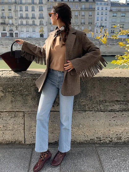 Tassels Woolen Suit Jacket Women Elegant Turn-down Collar Long Sleeve Single Breasted Pocket Autumn Winter Coats New Outerwears