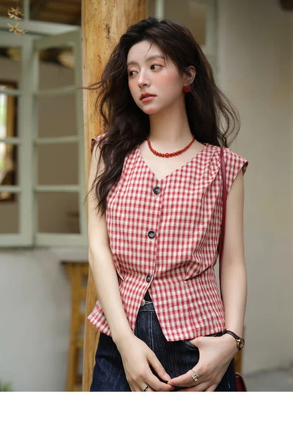 Women's Fashion V-neck Shirt 2026 Summer New Plaid Ladies Red Button Shirt Casual Retro Top Female Clothing MXE37X1921