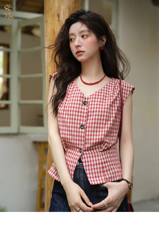 Women's Fashion V-neck Shirt 2026 Summer New Plaid Ladies Red Button Shirt Casual Retro Top Female Clothing MXE37X1921