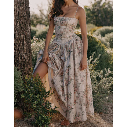 Summer Floral Print Dress Elegant 2025 New Arrivals Spaghetti Strap Flare Dress Maxi Holiday Party Dresses Women